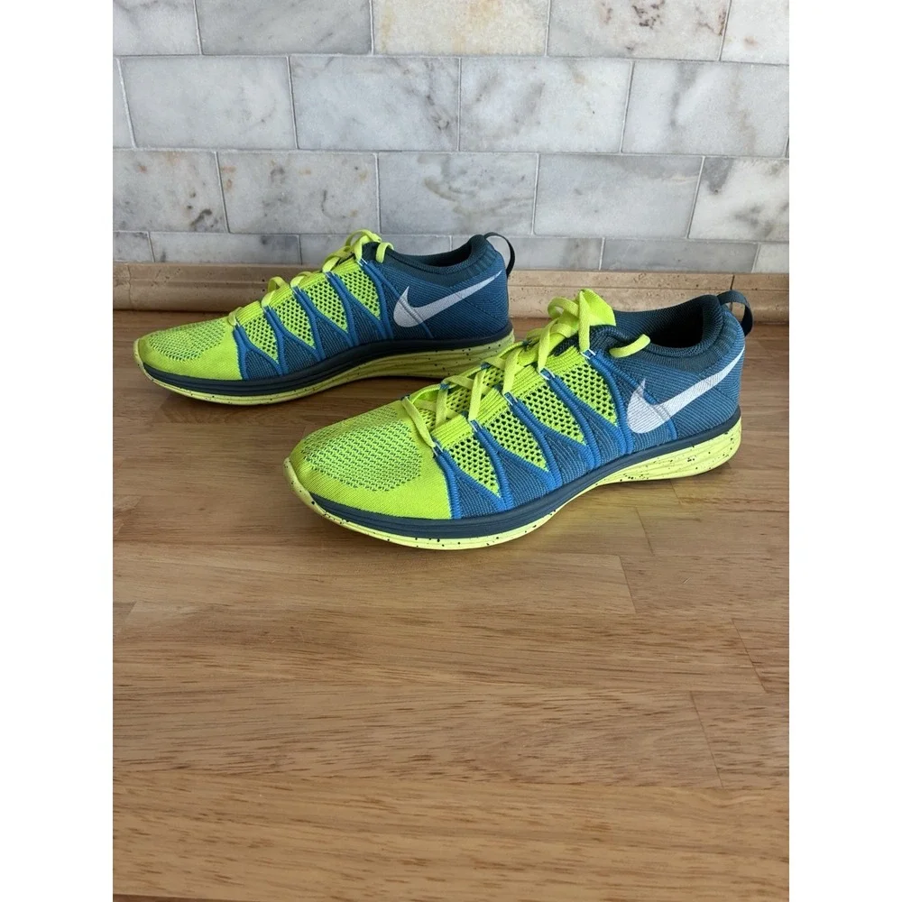 Nike Flyknit Lunar1+ Mens Size 12 Blue Neon Yellow Running‎ Shoes 620465-714